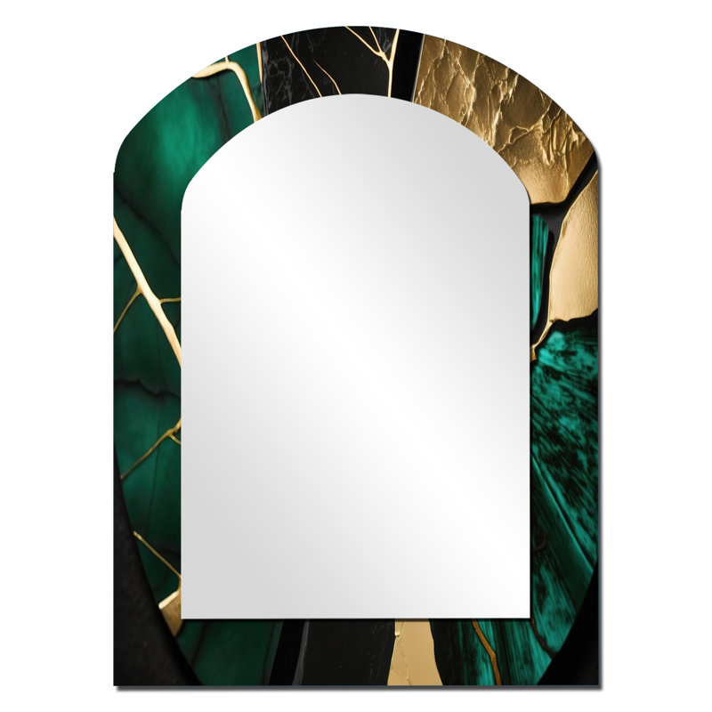 Abstrait Geode Gold I - miroir asymétrique en marbre, miroir mural décoratif Green Arch, impression sur métal, 34 po x 25 po