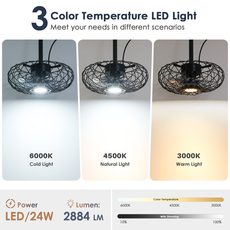 Outdoor Caged Ceiling Fan With Led Light For Patios,Plug in Ceiling Fan with Remote, Clear, 15"