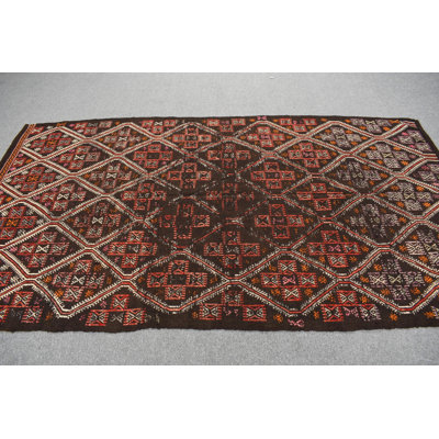 Grand tapis kilim turc rétro avec franges Oushak idéal pour les salons - couleur brune brodée