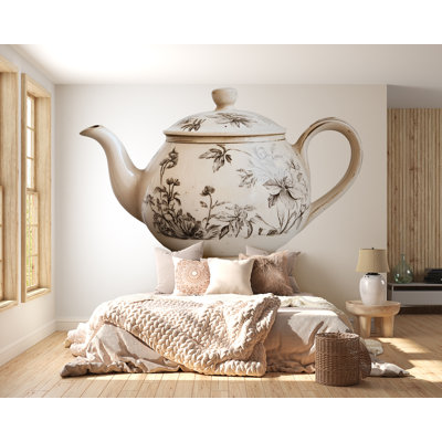 Giant Teapot Wall Decal, Vintage Floral Kitchen Wall Art, Removable Tea Room Mural 123Mv