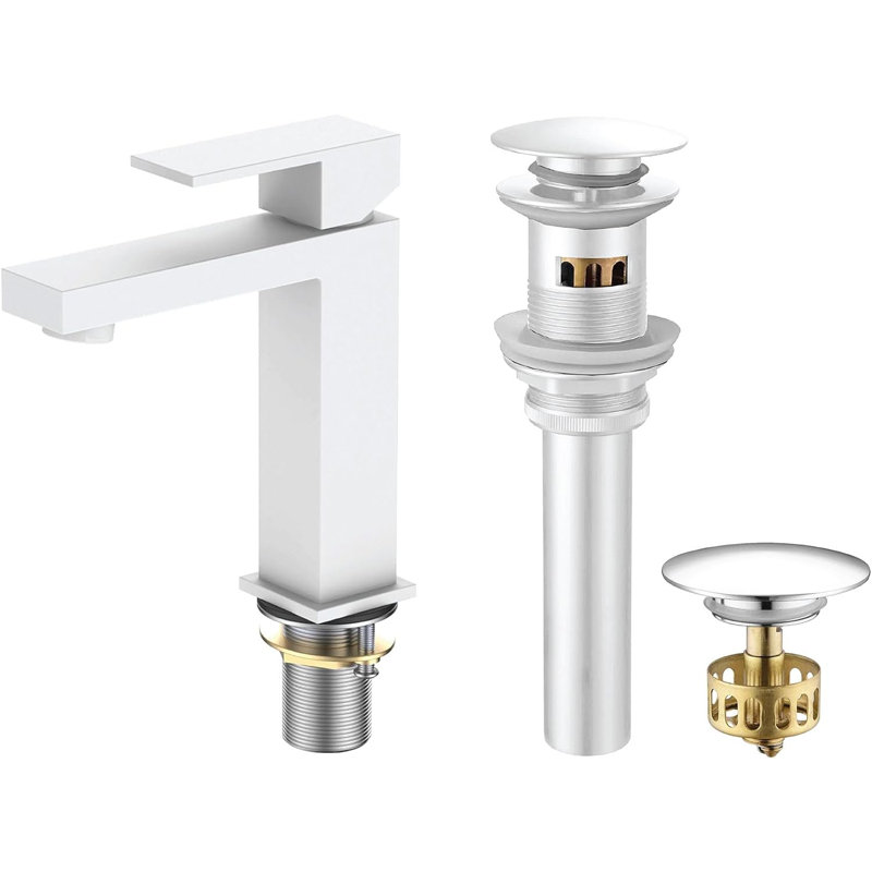 Single Hole Bathroom Faucet with Pop-up Drain and Strainer Basket, Matte White