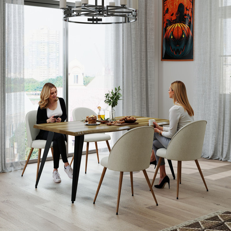 Ensemble de salle à manger moderne 5 pièces avec table à bords ondulés sculptés pour 4 à 6 personnes, Noyer, Beige