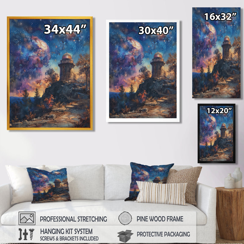 Décoration murale observatoire II - étoile bleue et mauve, Toile argentée avec cadre flottant, H 12 po x l 20 po x P 1 po