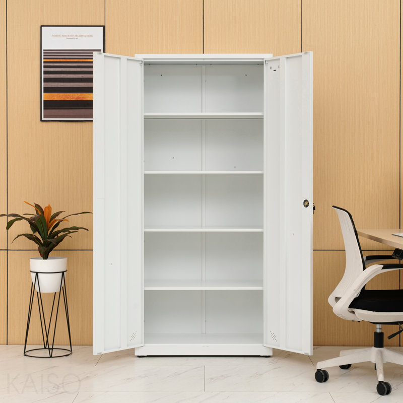 High Storage Cabinet With 2 Doors 4 Partitions, 5 Separate Storage Spaces For Home Office Use, White