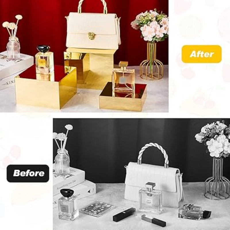 Gold Acrylic Display Box Set – 5-Sided Cube with Hollow Bottom, Nesting Food Risers for Buffet Tables, Display, and Storage 