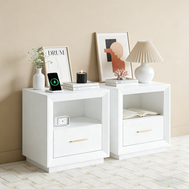 Set of 2 Nightstands With 2 AC outlets, 1 USB, and 1 Type-C port, White 2 PCS