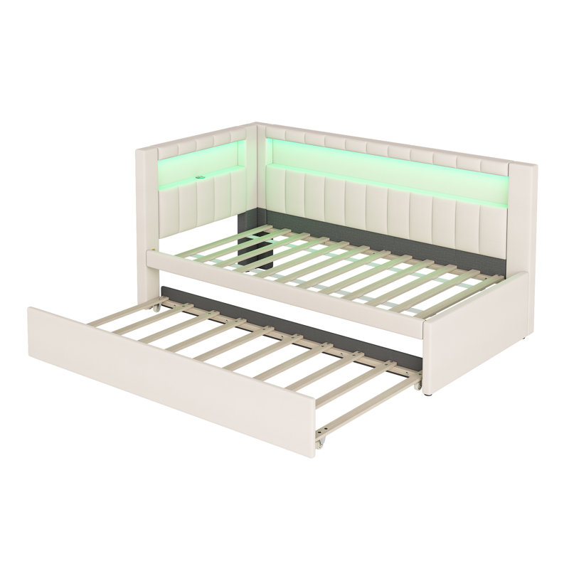 Upholstered Twin Size Platform Bed with USB Ports and LED Belt, With Trundle, White