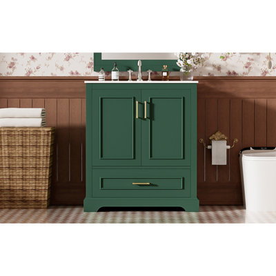Meuble-lavabo autoportant de 30 po avec lavabo, panneau de fibres à densité moyenne et structure en bois massif, 1 tiroir de séparation et 2 portes à fermeture en douceur (double tablette sur la porte)