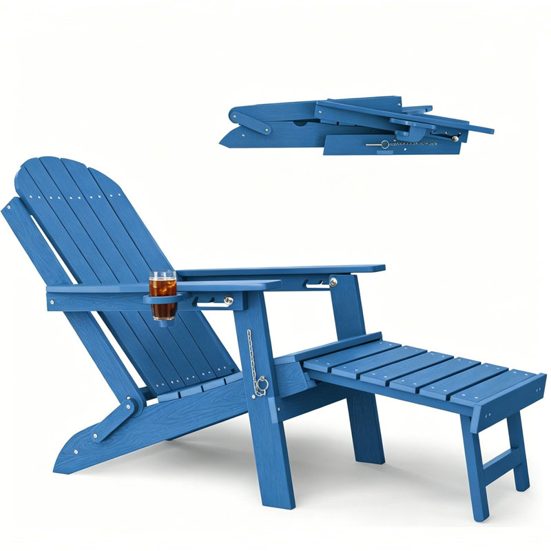 Foldable Adirondack Chair with Retractable Ottoman, Cup Holder All Weather Outdoor HDPE Adjustable Paio Chair for Lawn, Poolside, Fire pit, Navy