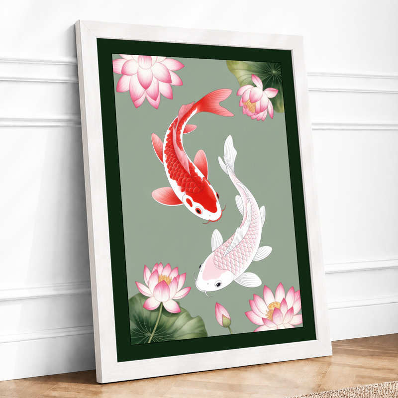 Koi and Lotus Japandi - Framed Print, A3 - 42.0 x 29.7 cm, White
