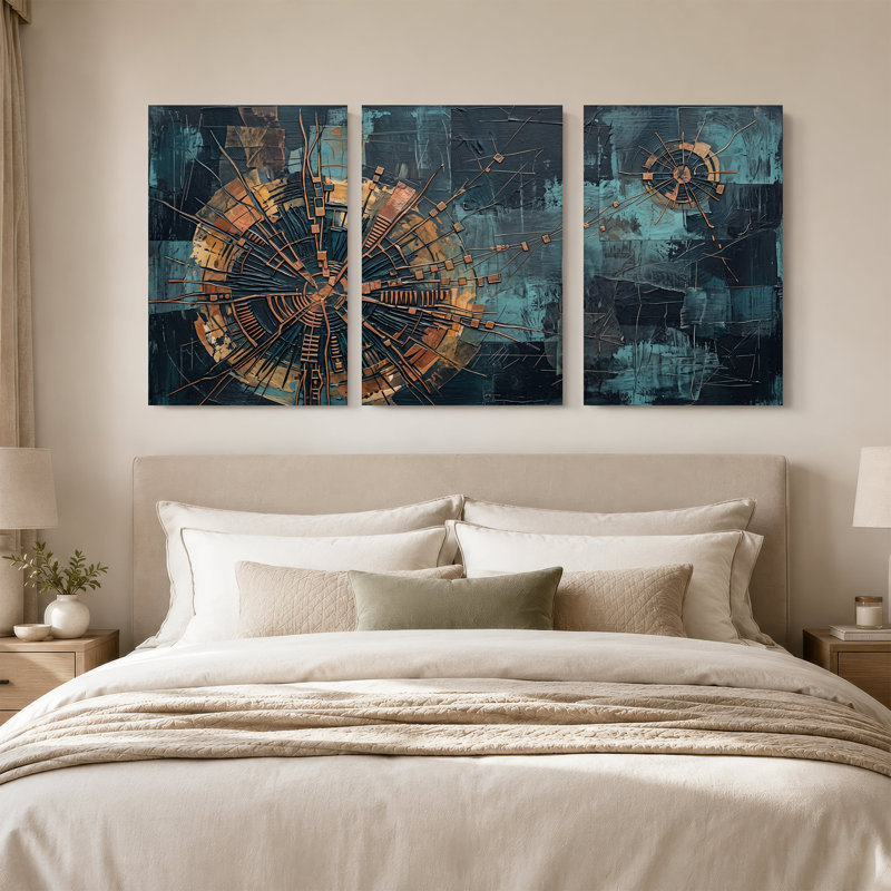 Cuivre et sarcelle, ensemble de 3 toiles géométriques abstraites, H 24 po x l 16 po x 3 pièces