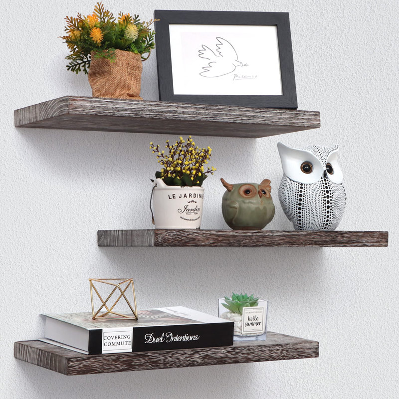 Aubrette 3 Piece Solid Wood Wall Mounted Shelves Floating Shelf, Weathered, Weathered