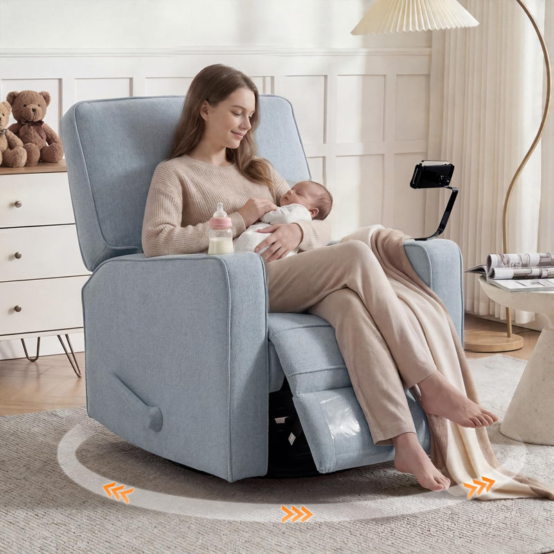 360° Swivel Rocker Recliner Chair With Adjustable Footrest, Rocking Chair Nursery With Phone Stand & Cup Holder, Blue
