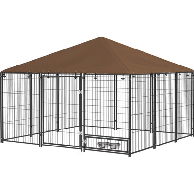 Chenil d'extérieur pour chien, 6,9 pi x 6,9 pi x 5 pi, enceinte Big Puppy avec auvent, cage de clôture de jardin et auvent longue durée, café 6,9 pi x 5 pi. Café. Fabrication en métal, toit en tissu pour le confort des animaux