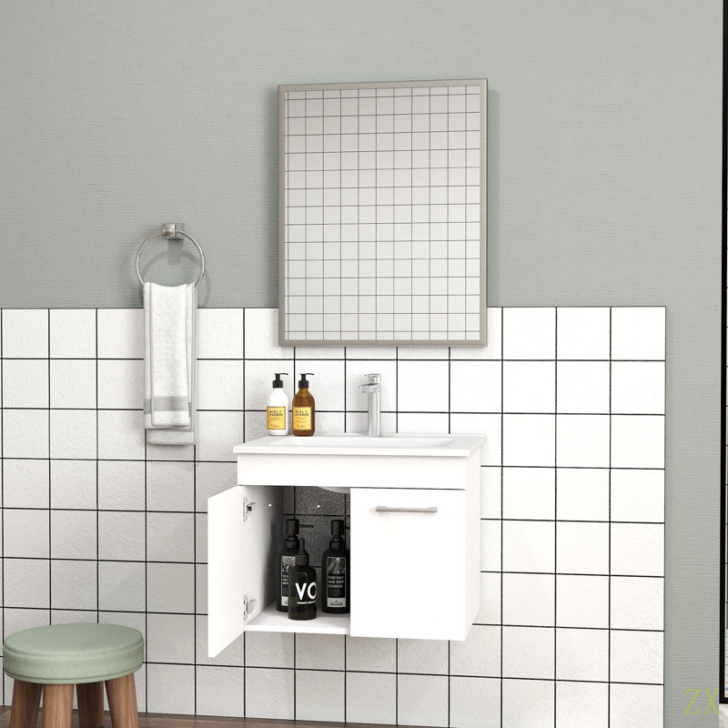Meuble-lavabo 24 po avec lavabo et miroir, meuble-lavabo mural avec portes doubles, cadre en aluminium, charnières à fermeture douce, longues poignées en métal, lavabo en céramique