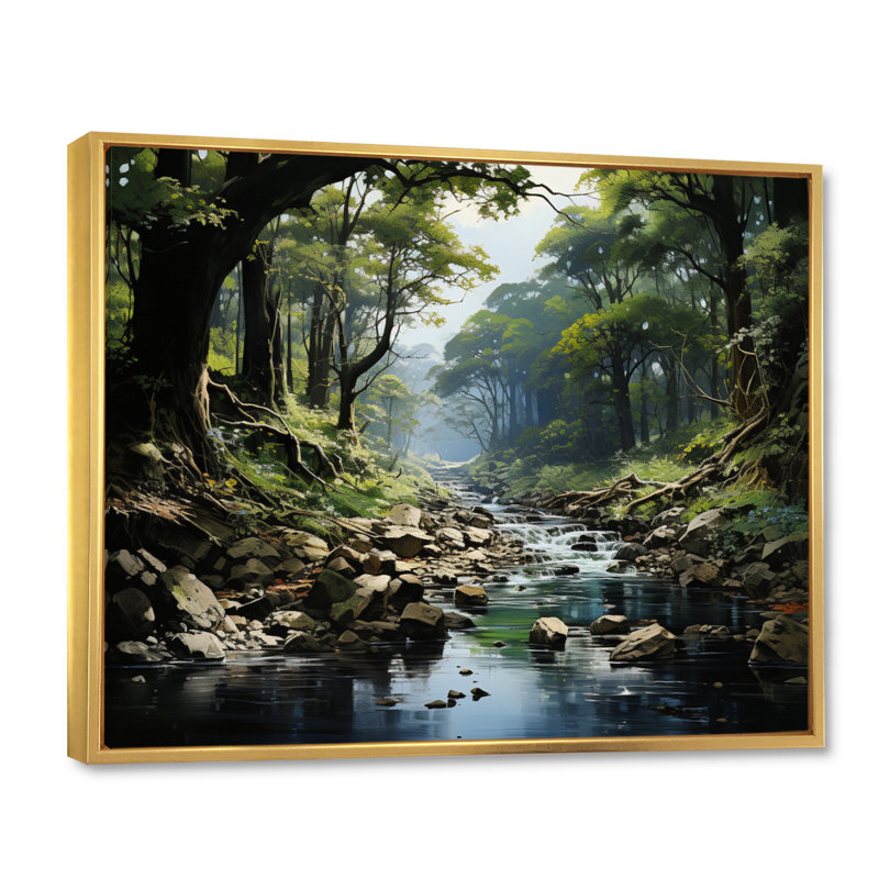 «Gentle River Through Country Charm Forest», art mural forêt fluviale, H 16 po x l 32 po x P 1 po, Cadre flottant doré