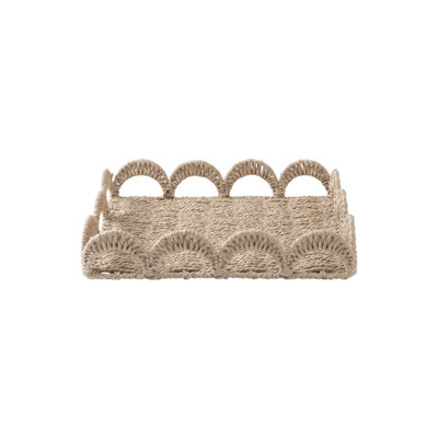 Plateau festonné en corde de papier tissé avec poignées, panier de rangement Coastal Farmhouse