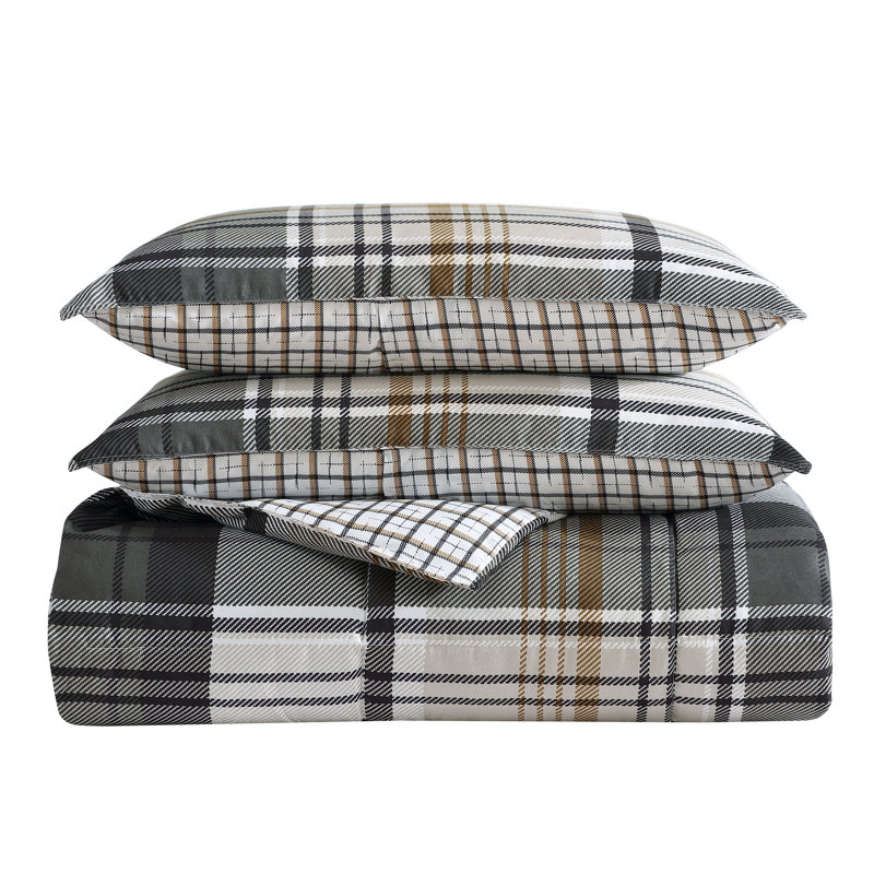 Twin Black and Tan Plaid Reversible Comforter Set