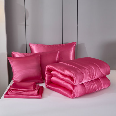 Satin Comforter Set with Sheet Set King 8 Pcs Silk Like Hot Pink Bedding Set Luxury Silky Comforter Set with 1 Cushion Cover