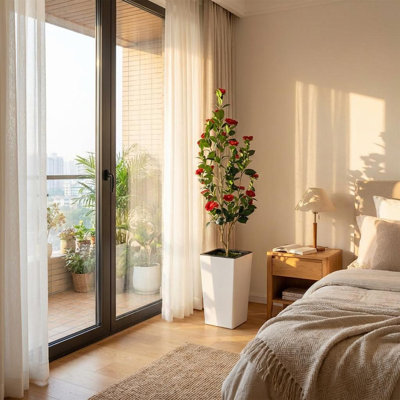 4 FT Artificial Rubber Tree with White Planter, Faux Plants Indoor Faux Floor Artificial Trees with Many Red Flowers, Fake Tropical Plants, Real Touch Rubber Tree for Home Office Decor