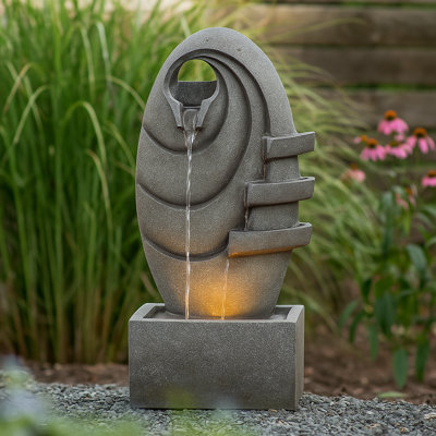 Modern Oval Outdoor Water Fountain with LED Lighting, Adjustable Flow, and Weather-Resistant Polyresin Design