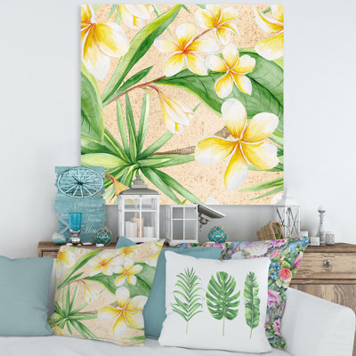 Feuillage tropical et fleurs jaunes - peinture sur toile
