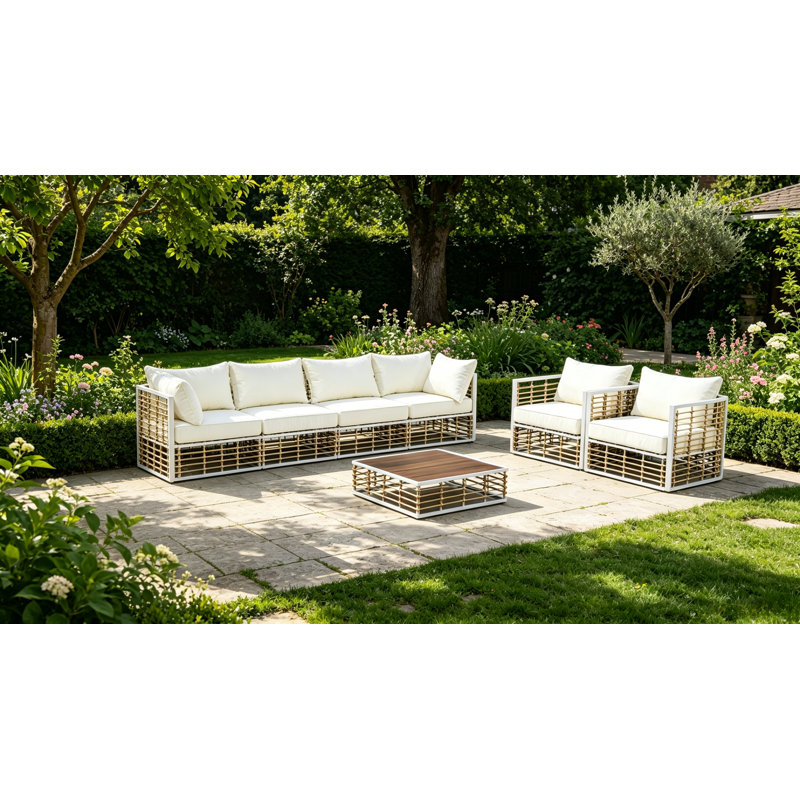 Ensemble de conversation moderne modulaire en rotin 7 pièces pour terrasse, meubles modulaires d'extérieur avec table basse et coussins épais pour une utilisation dans le jardin