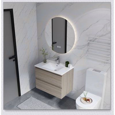 24" Wall-Mounted Bathroom Vanity With Ceramic Sink, 2-Soft Close Drawers