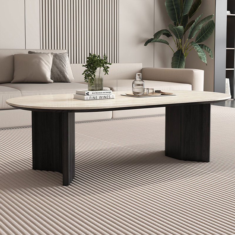 Table basse en pierre blanche avec pierre ovale, Noir, H 15,75 po x L 47,24 po x l 23,62 po