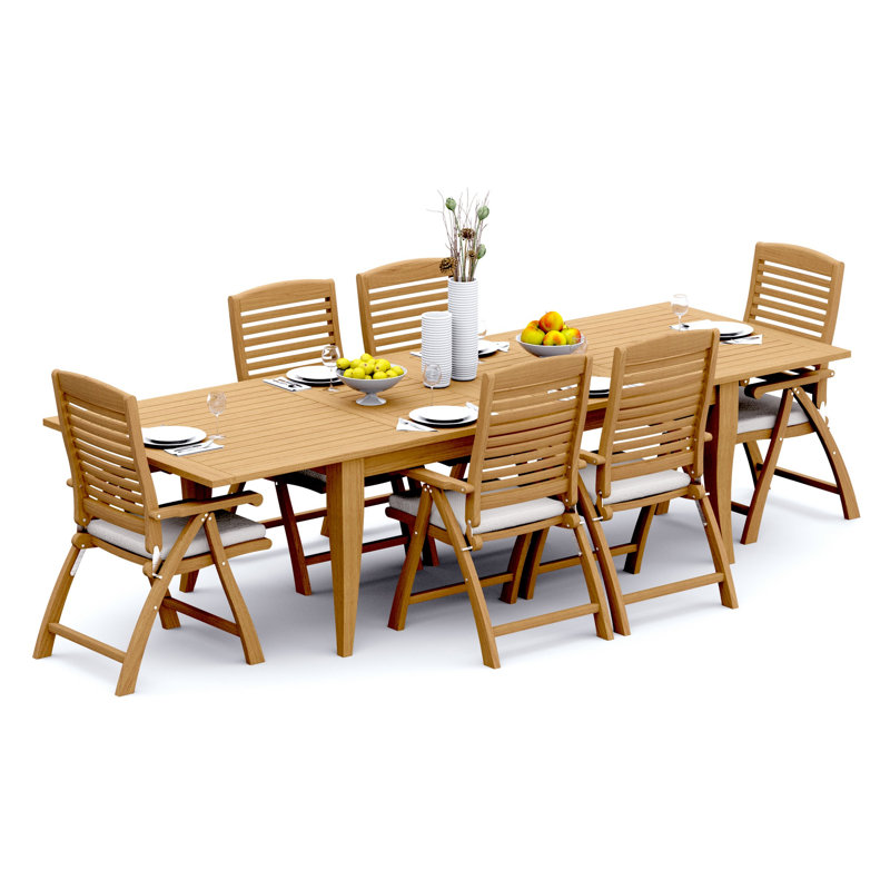 8 Seats 9 Pcs Grade-A Teak Wood Dining Set: 122" Atnas Double Extension Rectangle Table And 8 Ashely Folding Reclining Arm Chairs #11AS2808