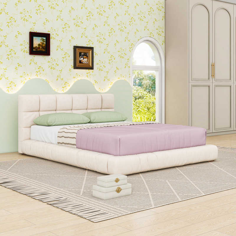 Lit plateforme en velours avec système de support à lattes et tête de lit, Beige, King