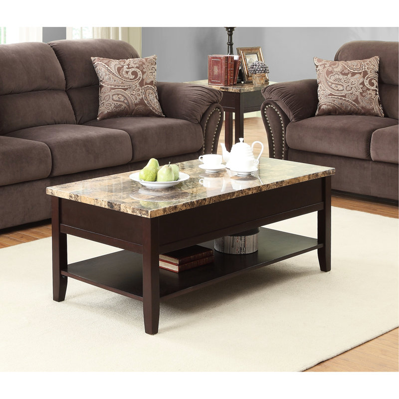 Casual Rectangular Cocktail Table With Faux Marble Top And Dark Cherry Lift Storage Contemporary Living Room Finish