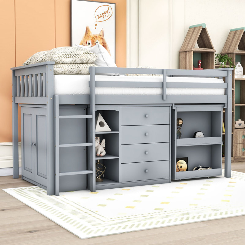 Lit mezzanine simple en bois avec armoire de rangement, tiroir et bureau coulissant, Gris