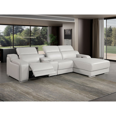 Canapé modulaire en forme de L 4 pièces Skyline gris clair en cuir italien avec 1 fauteuil inclinable et appuie-tête réglables Skyline