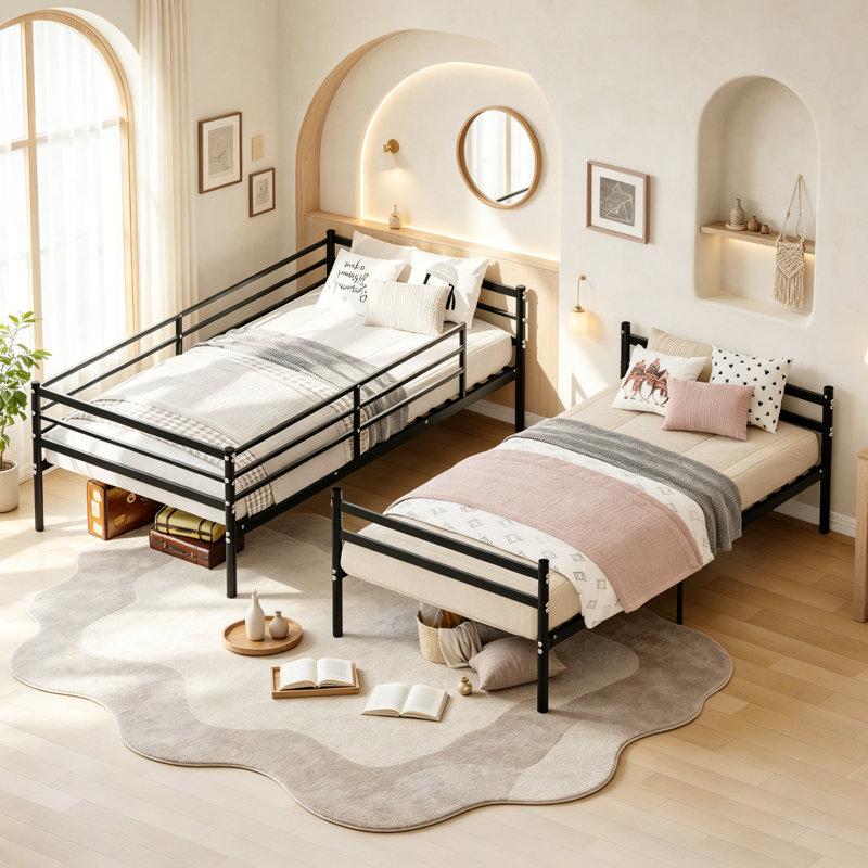 Lit superposé convertible avec espace de rangement sous le lit et garde-corps de sécurité, lit superposé en métal robuste pour enfants adolescents, aucun sommier nécessaire, taille simple sur simple, noir