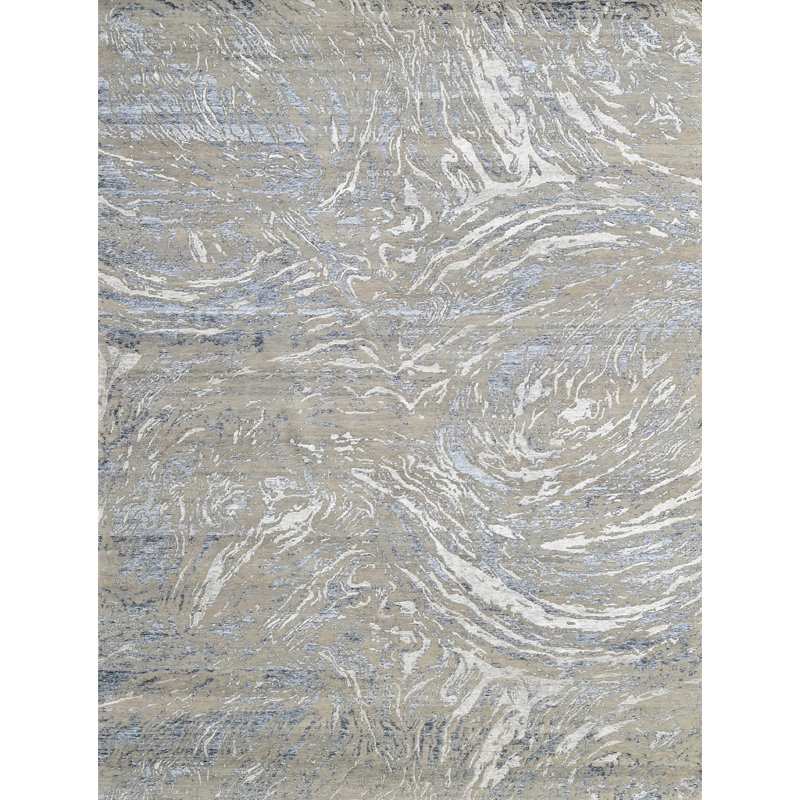 Hand Knotted Abstract Area Rug in Silver/Gray/Ivory/Light Navy