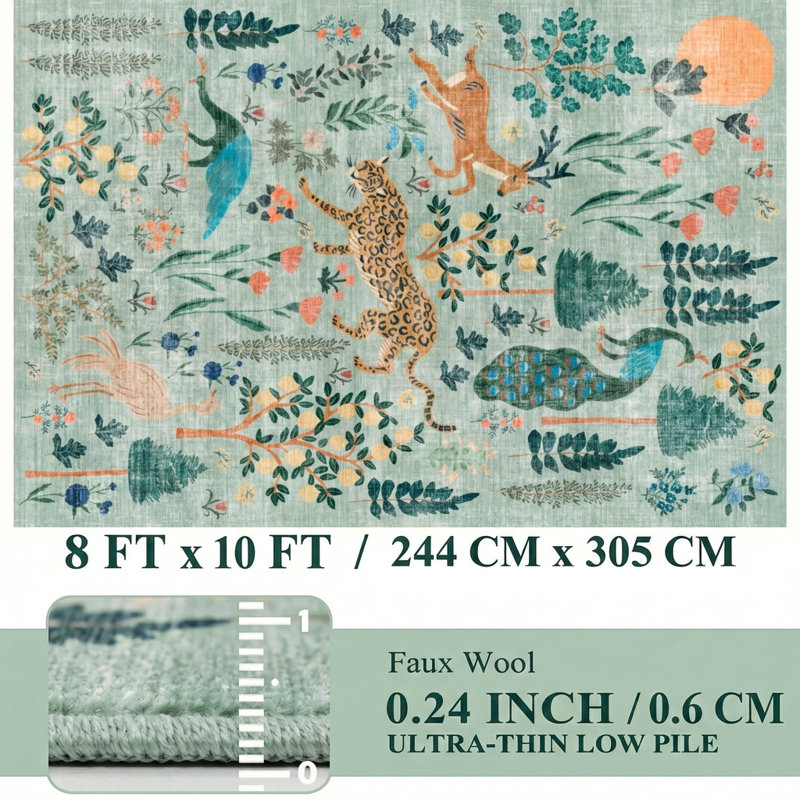 Tapis lavable à la machine Jungle, Vert, Rectangulaire 8 pi x 10 pi