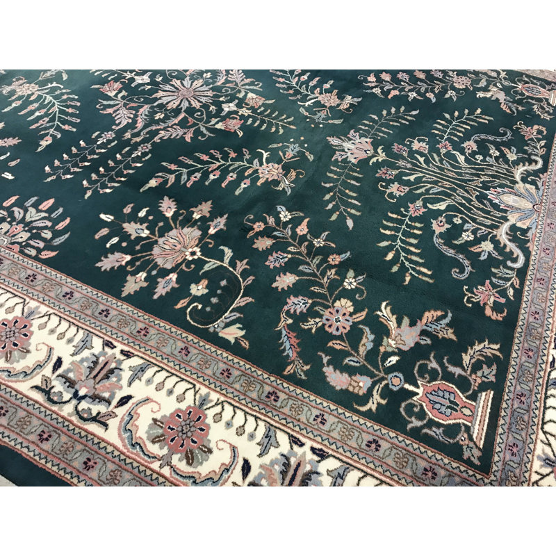 Tapis vert et brun noué à la main de haute qualité