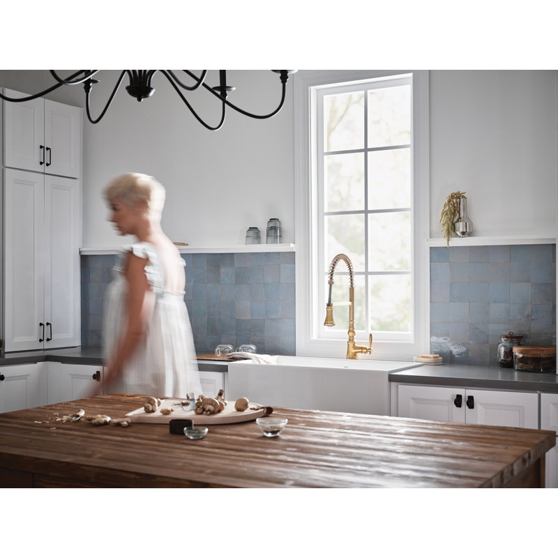 Moen Weymouth Pre-Rinse Spring Pull-Down Single Handle Kitchen Faucet, Brushed Gold, No SenSor