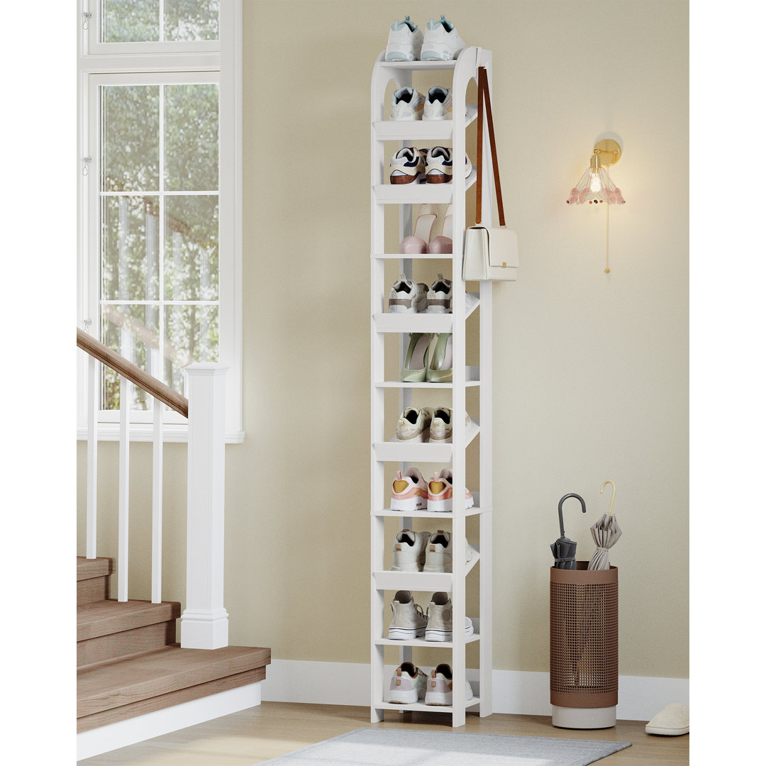 Vertical Shoe Rack, Shoe Shelves for Small Space, Freestanding Closet Wooden Shoes Organizer with Hooks, Adjustable Shoes Tower for Entryway, Living R