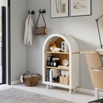 Arched Small Bookcase,Arched Storage Cabinet,Wooden Modern Arched Top Bookshelf With 3 Shelves,White With Woodgrain Shelves, 3-Tier Storage Shelf For Living Room, Bedroom, Entryway