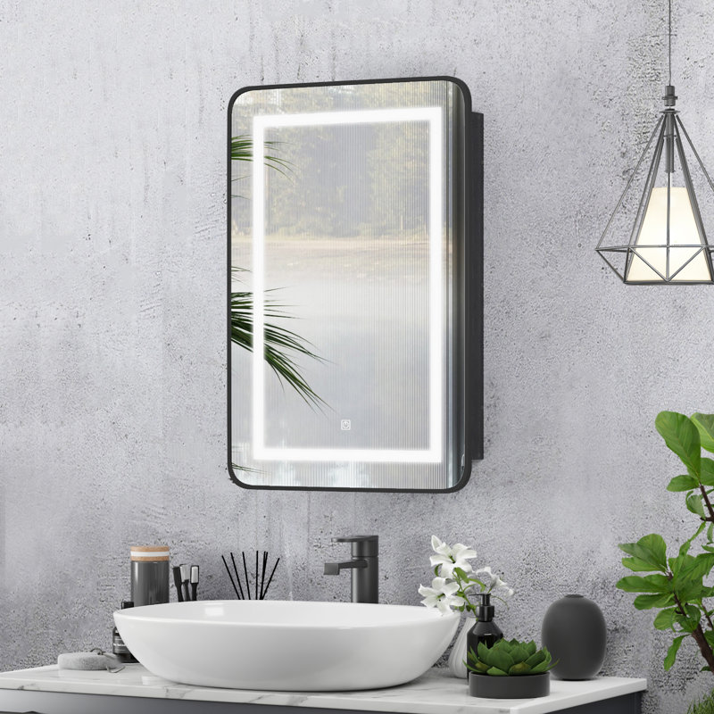 Black Bathroom Mirror Medicine Cabinet with Round Corner Framed Door, Recessed or Surface Mount, with Adjustable Glass Shelves