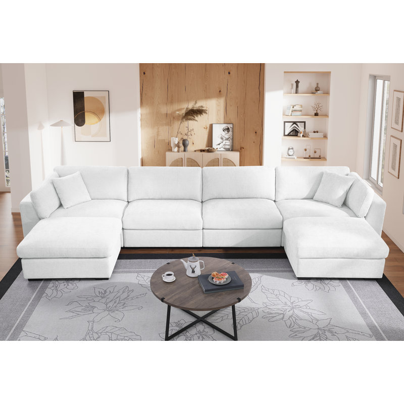 Upholstered Wide Seat Modular Sectional Sofa With 2 Oversized Ottomans, White Polyester