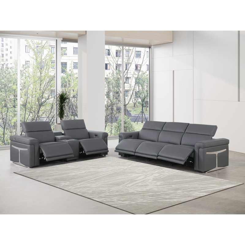 Ensemble de 6 canapés inclinables électriques en cuir 6 pièces avec repose-tête électrique, Gris foncé