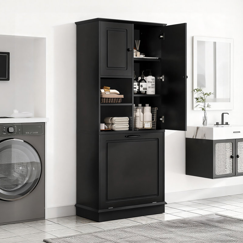 Grande armoire de rangement avec tablettes réglables et panier escamotable pour la salle de bain ou le salon, Noir