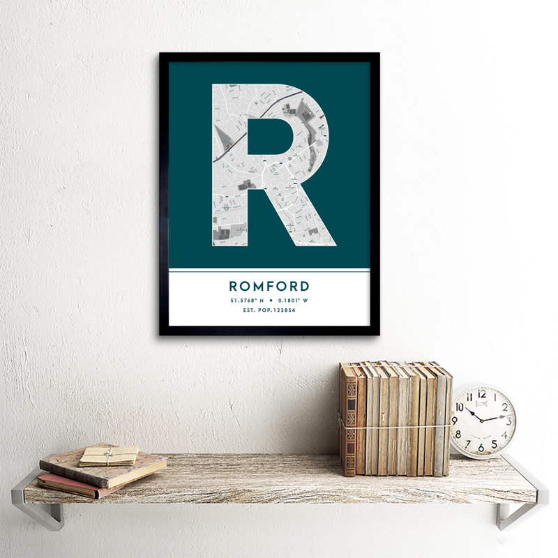 Romford City Map Romford Teal by Wee Blue Coo - Single Picture Frame Typography