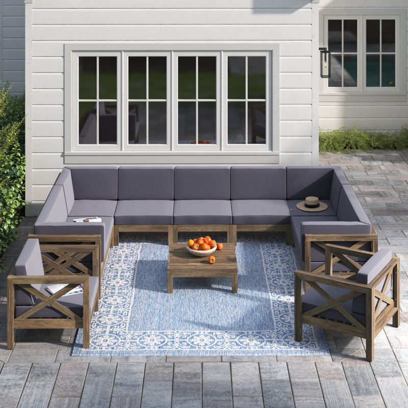 Jacklyn 10-Piece Modular Outdoor Sectional with Cushions , Teak Frame / Blue Cushion