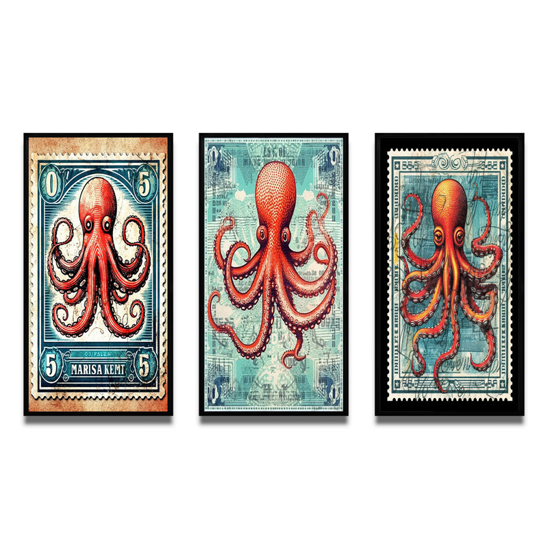 «Retro Stamp Portrait Of Red Octopus», 3 pièces sur toile, Cadre flottant noir, H 40 po x l 60 po