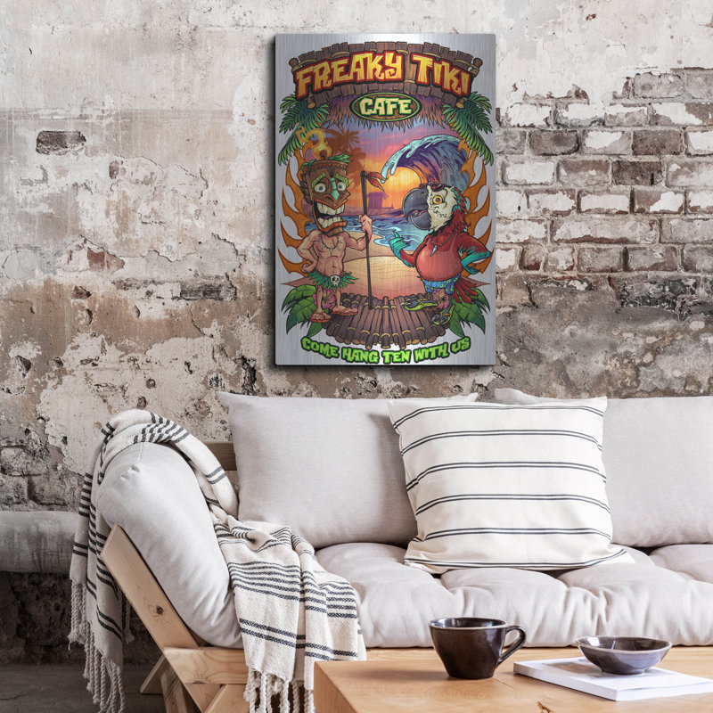 Red Barrel Studio® «Tiki and Parrot Island Gabarit 2» par Flyland Designs, art mural en métal, 12 po x 16 po