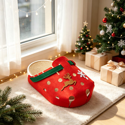 Pantoufles de Noël de 59 cm avec ouverture pour chat, dotées d'un griffoir en chanvre jaune et d'un panier semi-fermé en feutre de 3 mm d'épaisseur.